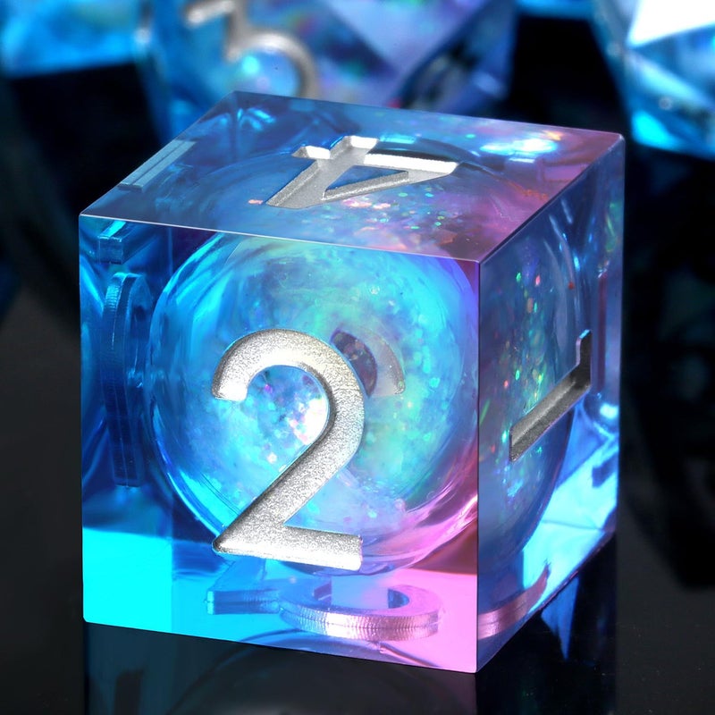 DNDND Resin Sharp Dice, 7PCS Glitter Liquid Resin DND Dice Set with Gift Case for Dungeons and Dragons Tabletop Game (Liquid Blue and Pink) - Image 1